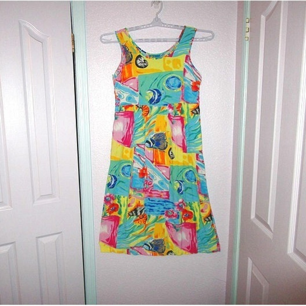 Vtg 80s Babydoll Midi Dress Size S Pockets Sleeveless Pleated Patchwork Hawaiian